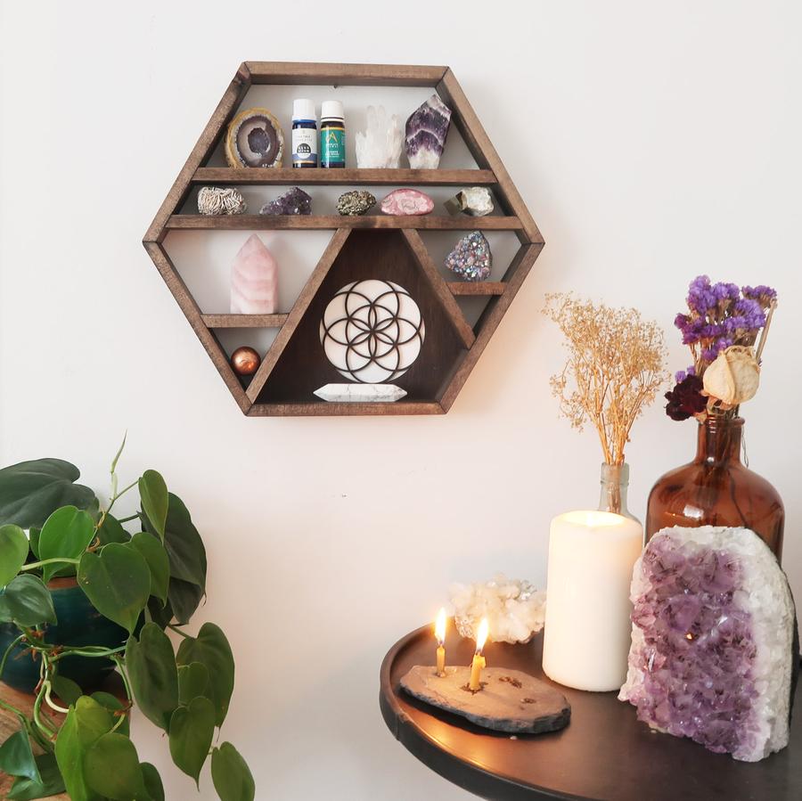 Seed Of Life Wooden Crystal Shelf - coppermoonbouti