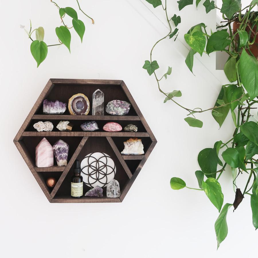 Seed Of Life Wooden Hexagon Crystal Shelf -