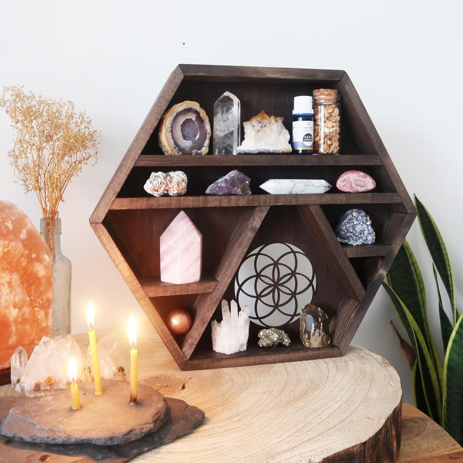 Seed Of Life Wooden Hexagon Crystal Shelf - (1)