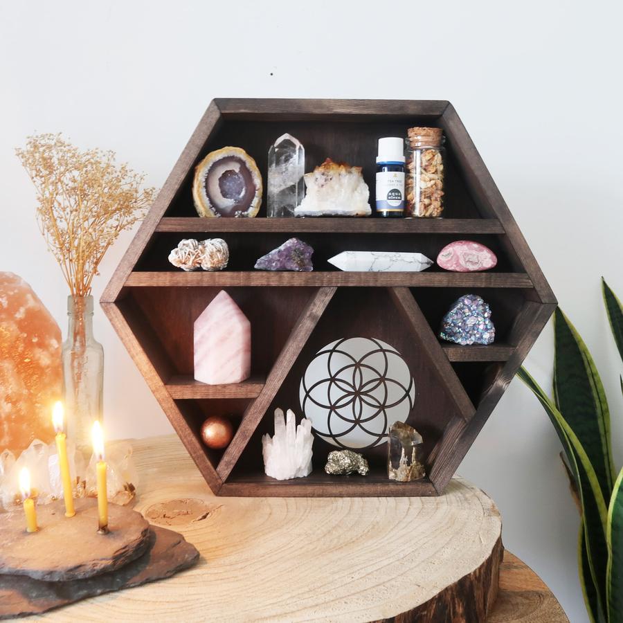 Seed Of Life Wooden Hexagon Crystal Shelf - (2)
